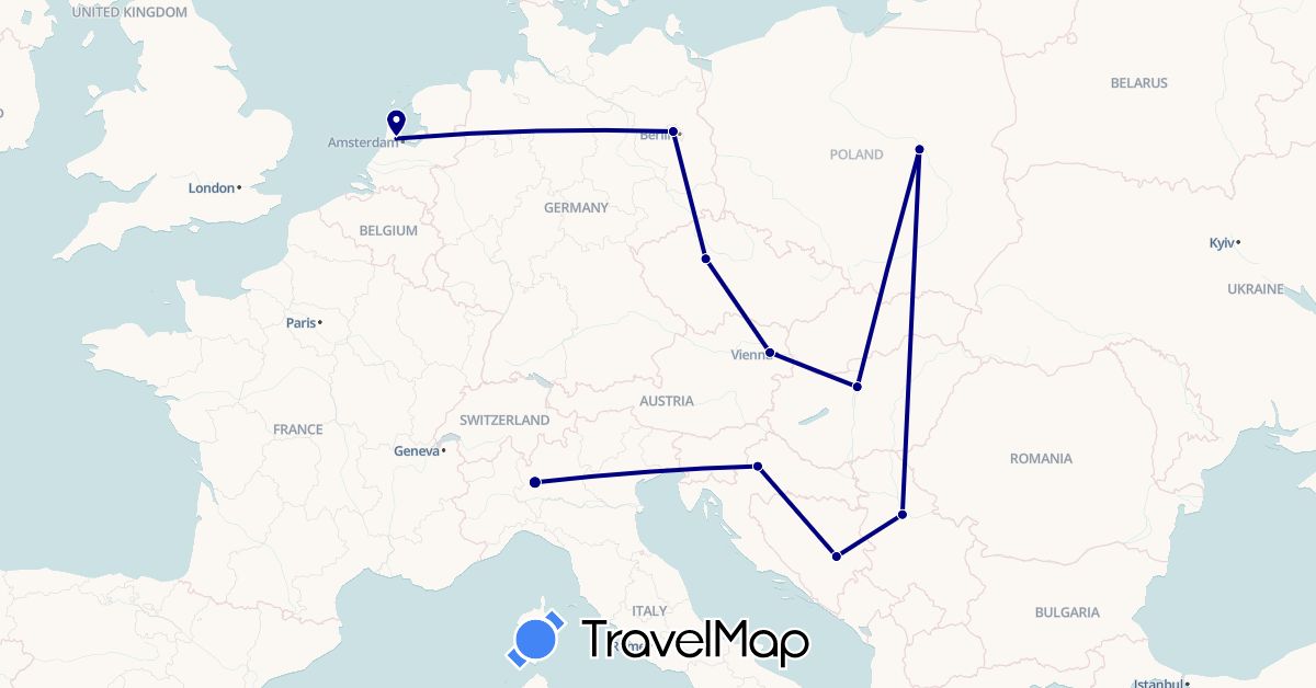 TravelMap itinerary: driving in Austria, Bosnia and Herzegovina, Czech Republic, Germany, Croatia, Hungary, Italy, Netherlands, Poland, Serbia (Europe)